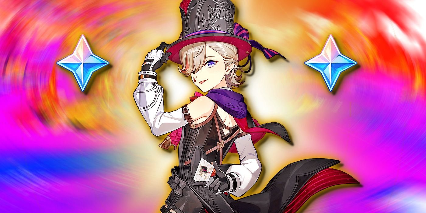 Genshin Impact's Lyney sticks his tongue out as he holds his hat. Two Primogems float next to him.