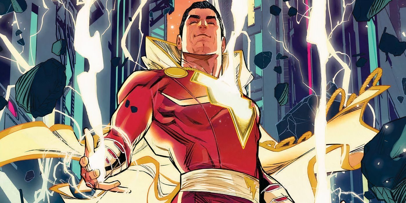 Comic book art: the Champion of Shazam smiles and poses with lightning.