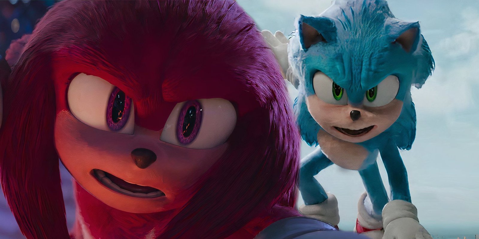 Knuckles looking scared mid-flight next to Sonic looking determined in Sonic the Hedgehog 3