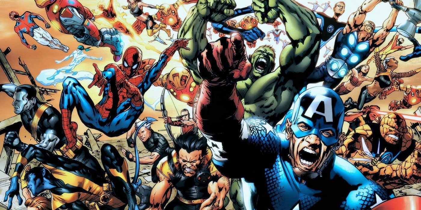 Comic book art: The Ultimates from the original Ultimate Universe assembling. 