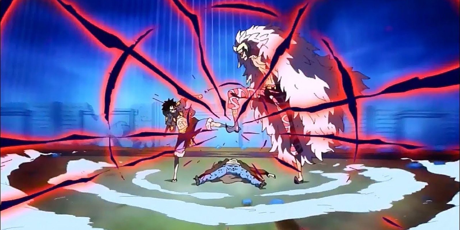 Luffy and Doflamingo's Haki clashes with a burst of red and black lightning