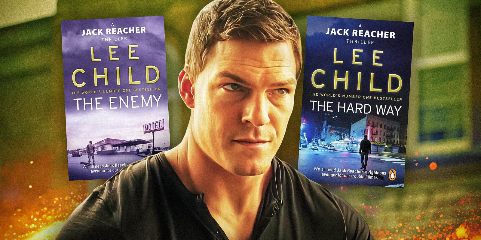 Alan Ritchson as Reacher with Lee Child book covers