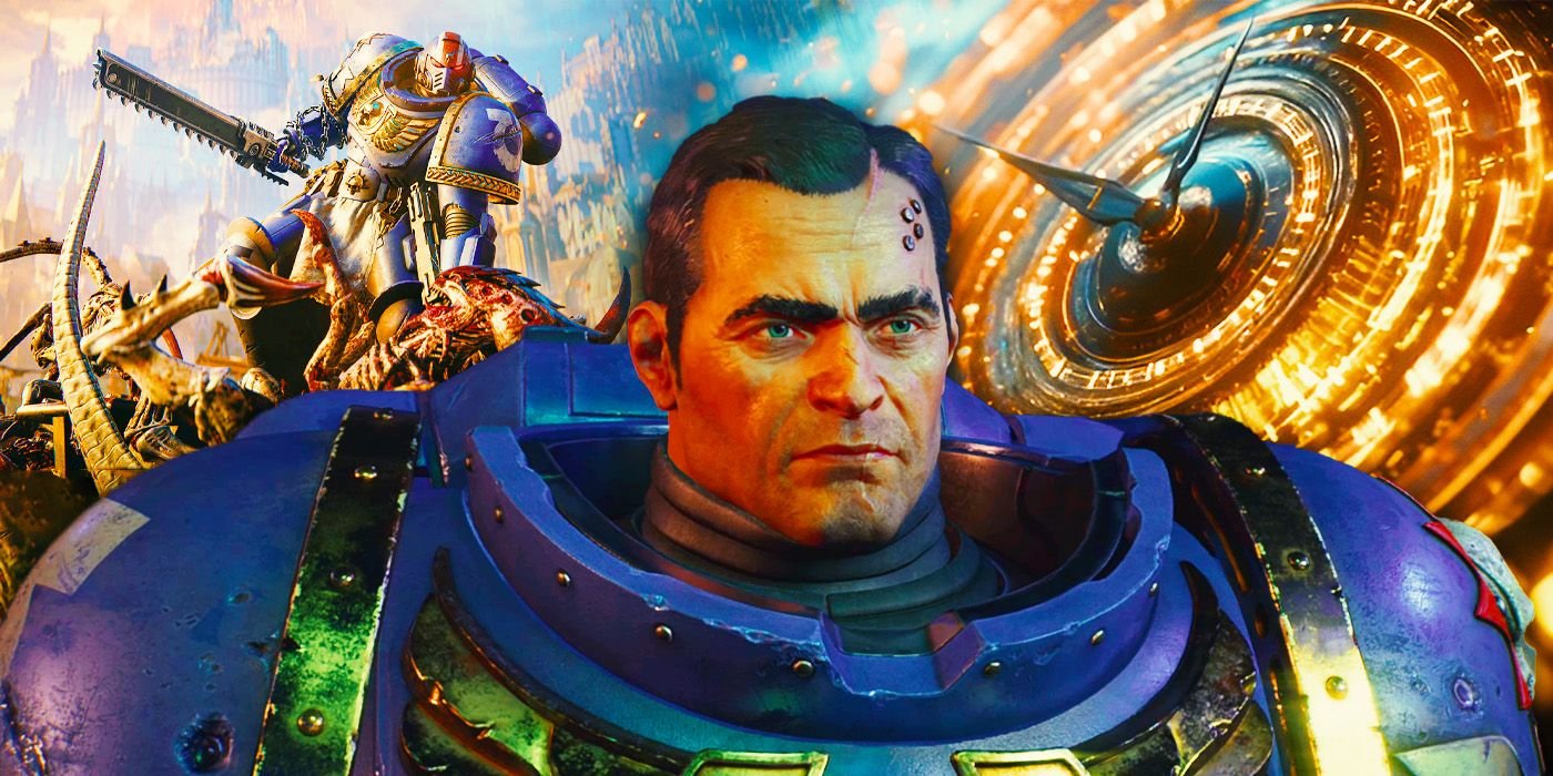 Titus from Warhammer 40K: Space Marine 2 in front of a Space Marine battling Tyrannies and a futuristic clock.