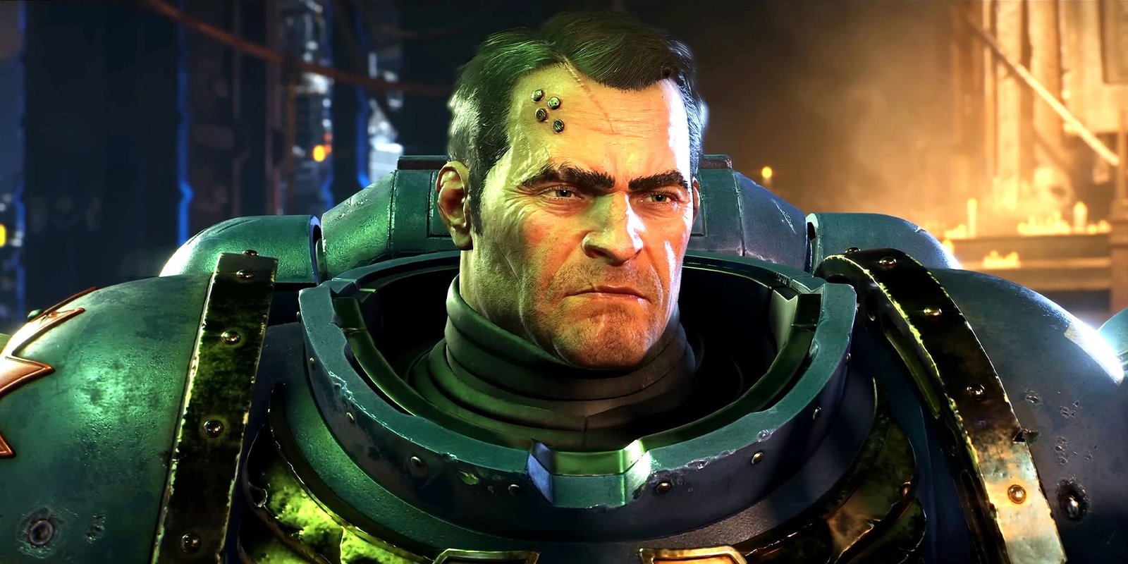 A close-up of a Space Marine in Warhammer: Space Marine 2