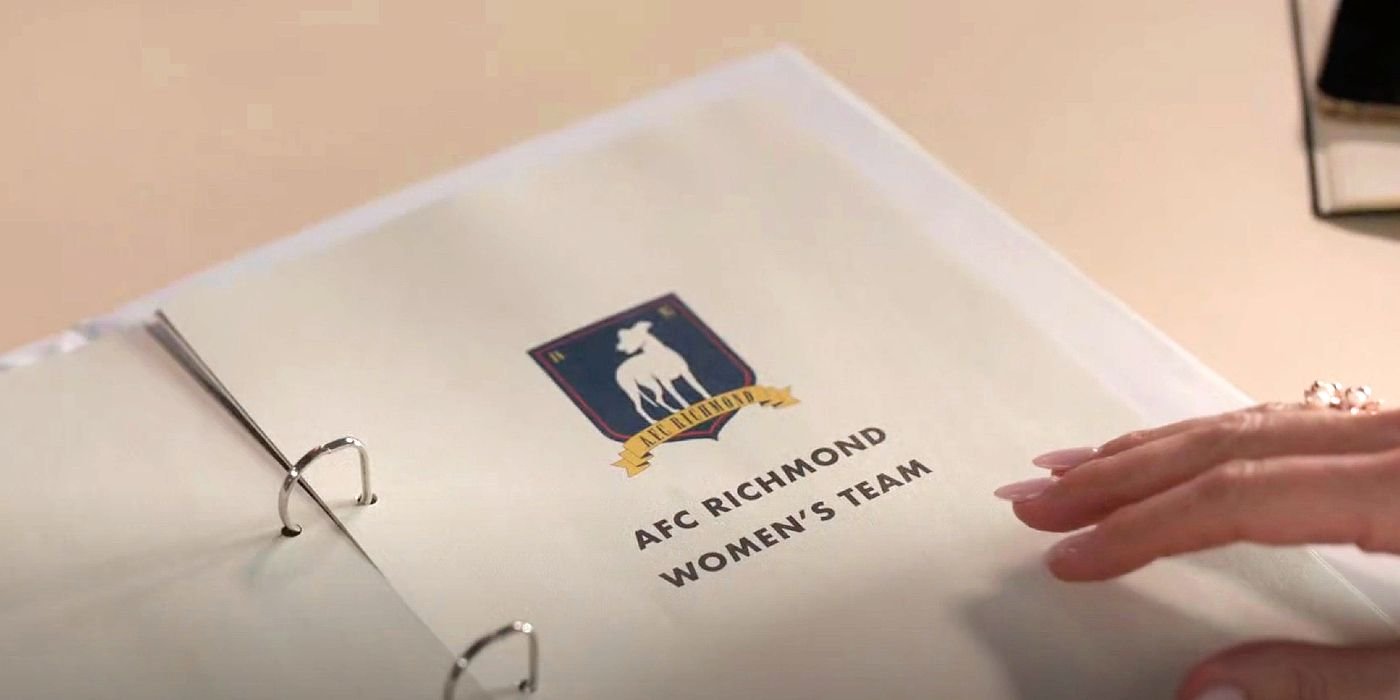 Rebecca viewing a portfolio for a Richmond Women's Team in Ted Lasso season 3's finale