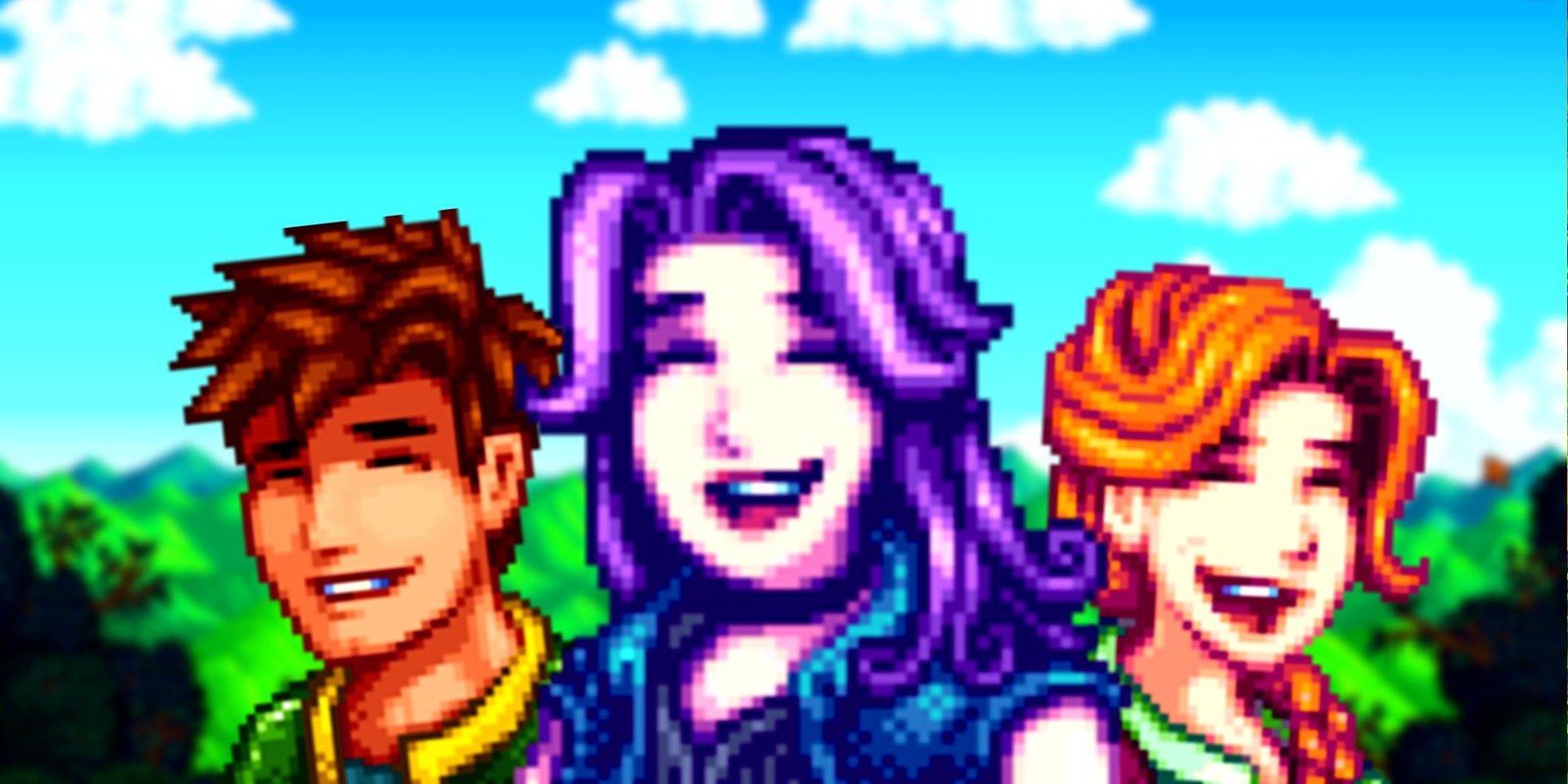 Stardew Valley chracters smiling with the title screen behind them