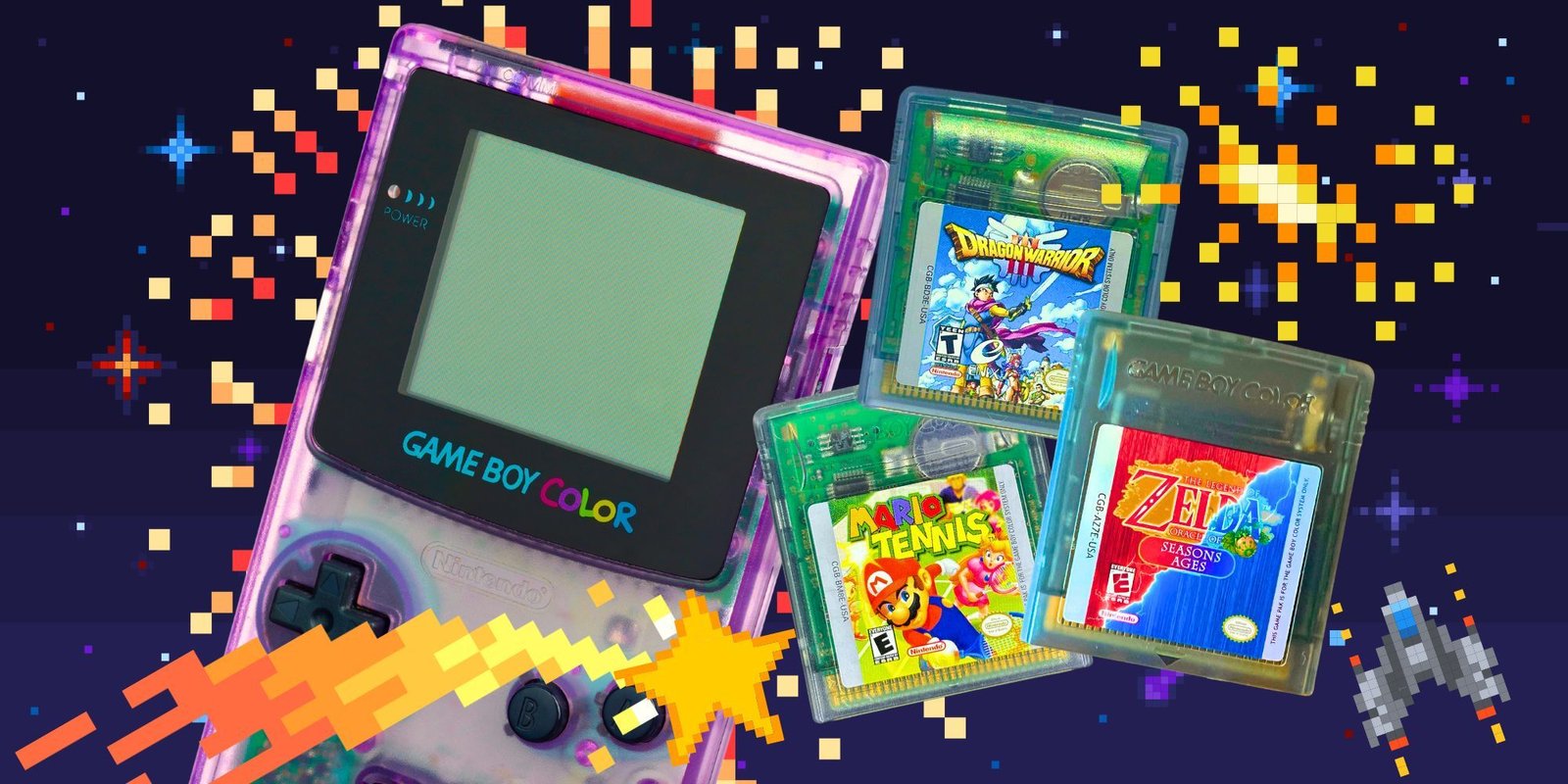 A Game Boy Color beside cartridges of Mario Tennis, Oracle of Ages/Seasons, dragon warrior 3.