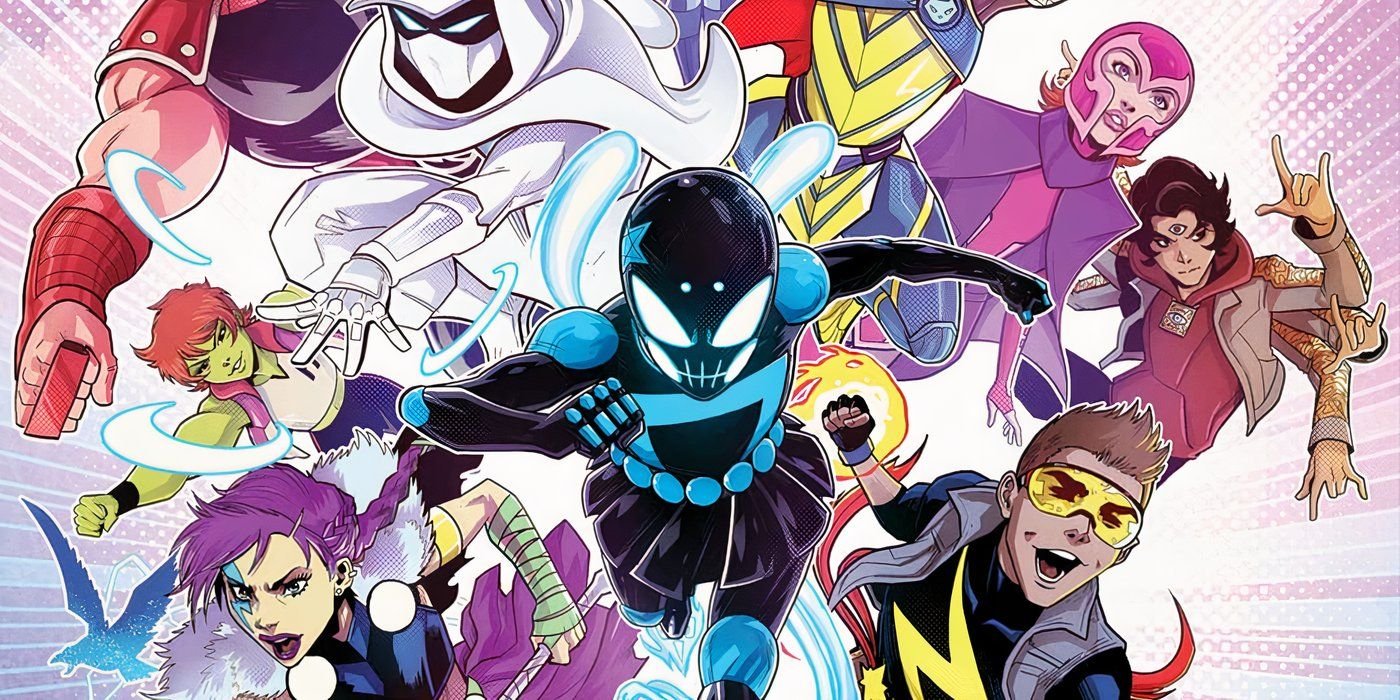 Cropped cover of New Champions #1, featuring the team's large roster all rushing toward the reader.