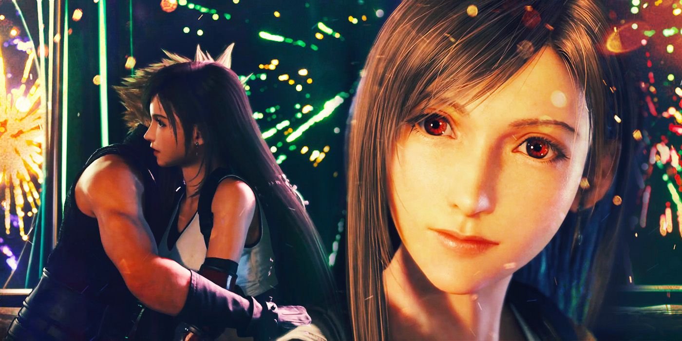 Cloud hugs Tifa as fireworks explode behind them in Final Fantasy 7 Rebirth.