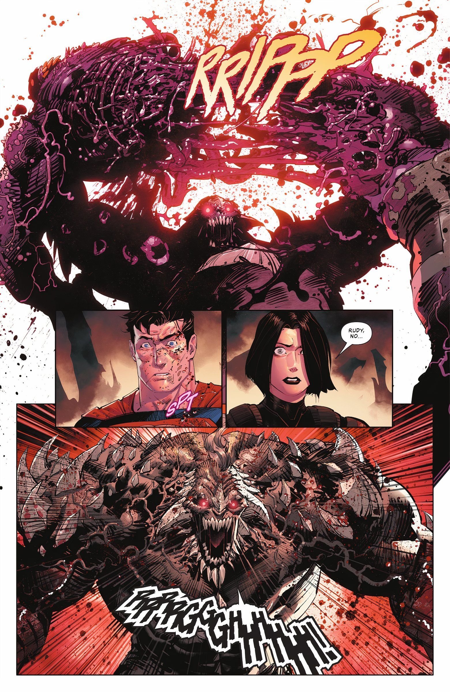 Doomsday rips Parasite in half while Superman and Lois look on in horror