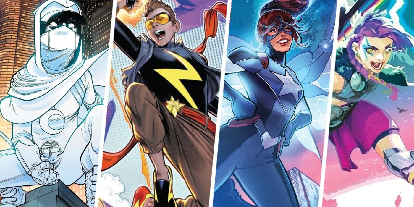 new champions' core four heroes, moon squire, cadet marvel, liberty, hellrune