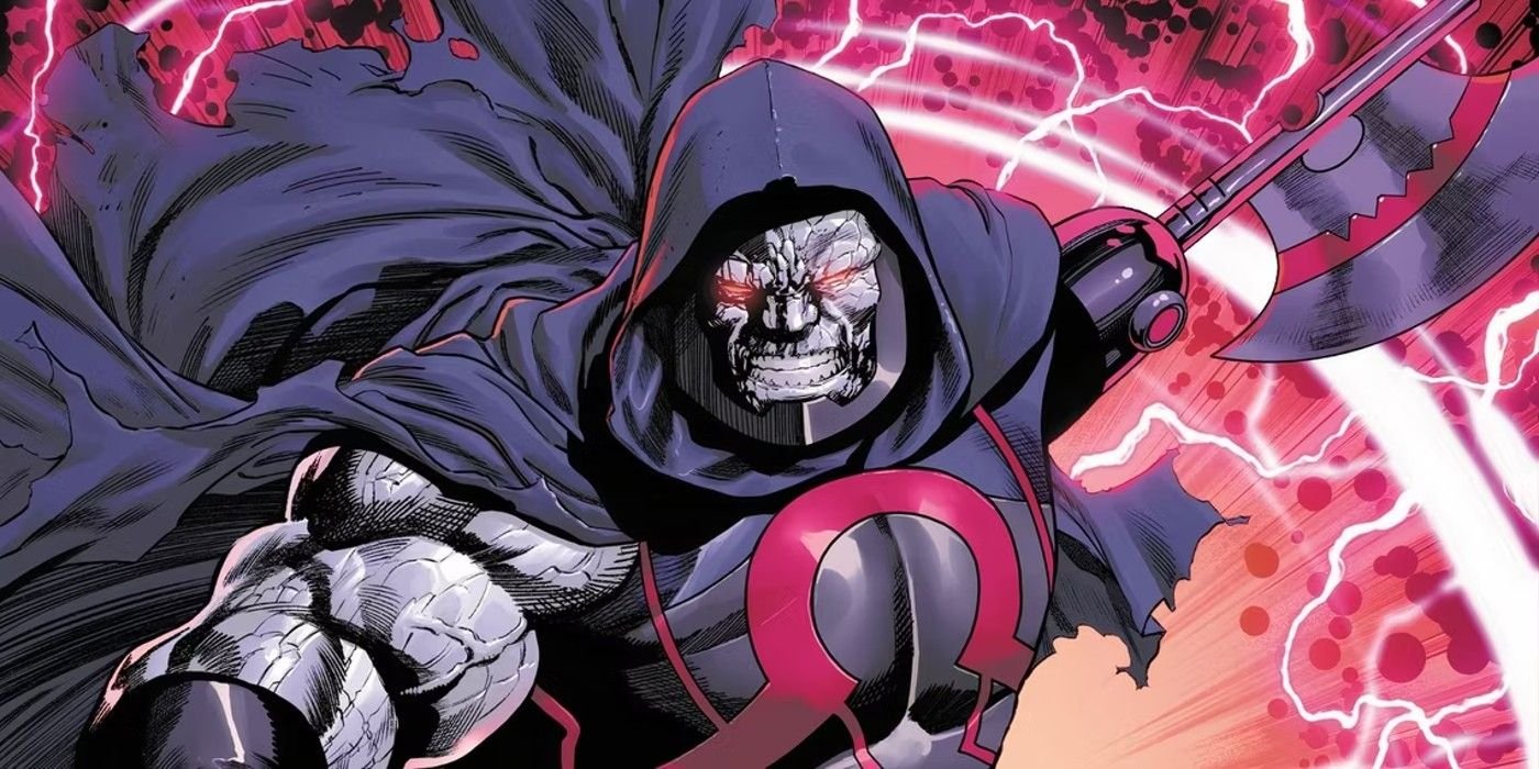 Comic book art: darkseid smirks with ax hand