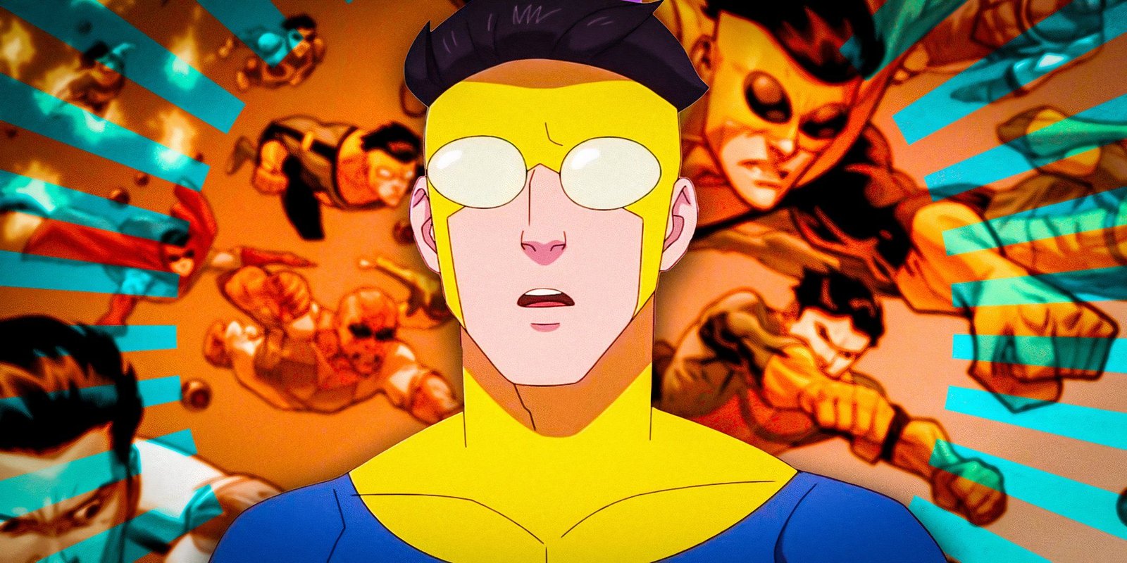 Mark looking shocked in Invincible season 3 (2025) above an image from Invincible comics of the evil Mark's flying toward Earth
